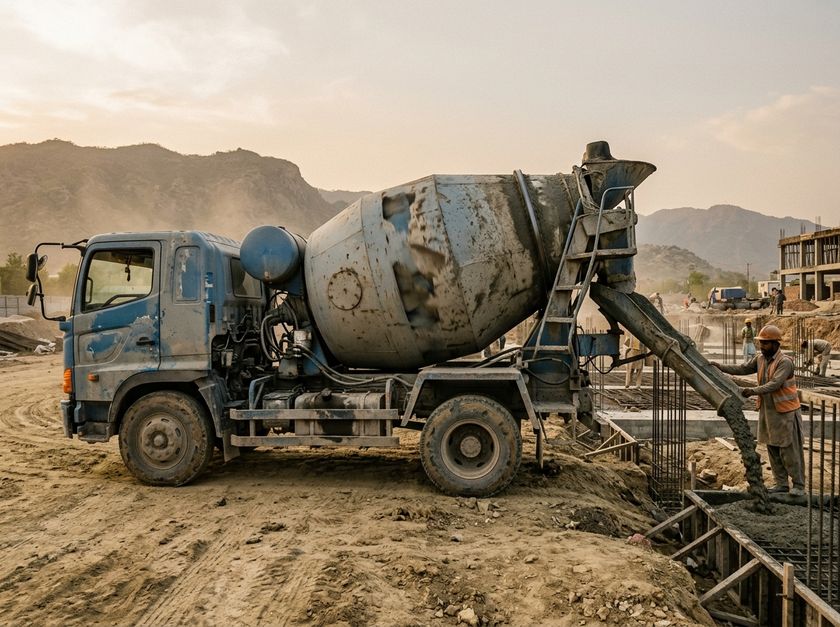 Transit mixer pouring concrete down a chute