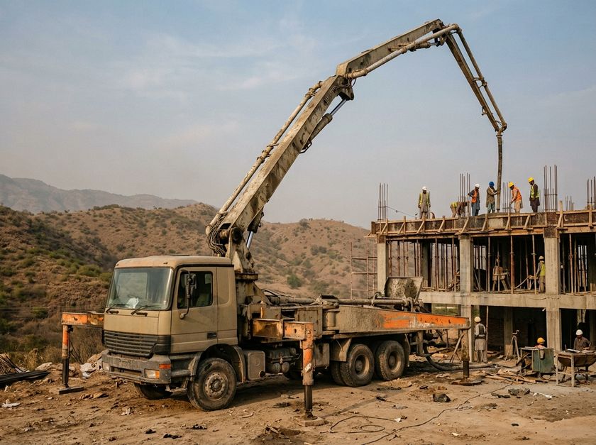 Boom pump placing concrete on a building frame