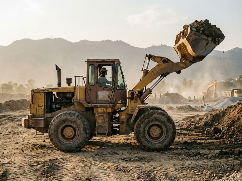 Wheel loader lifting a bucket of soil