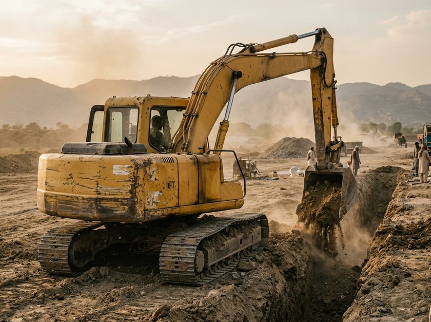 Tracked excavator digging a trench
