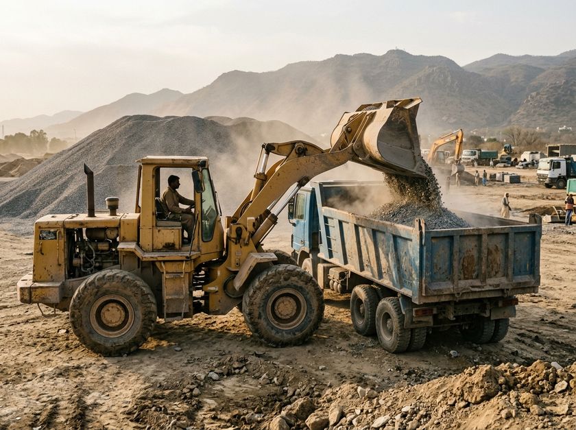 Wheel loader filling a dump truck with gravel