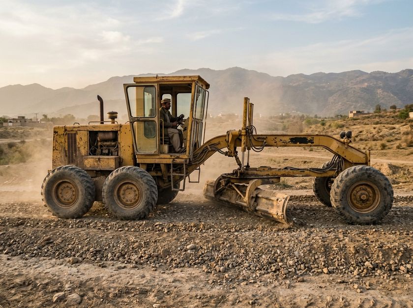 Motor grader levelling a gravel road bed