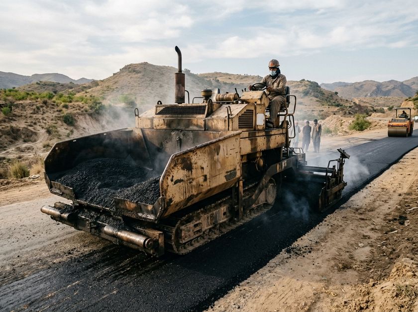 Asphalt paver laying a fresh strip of asphalt