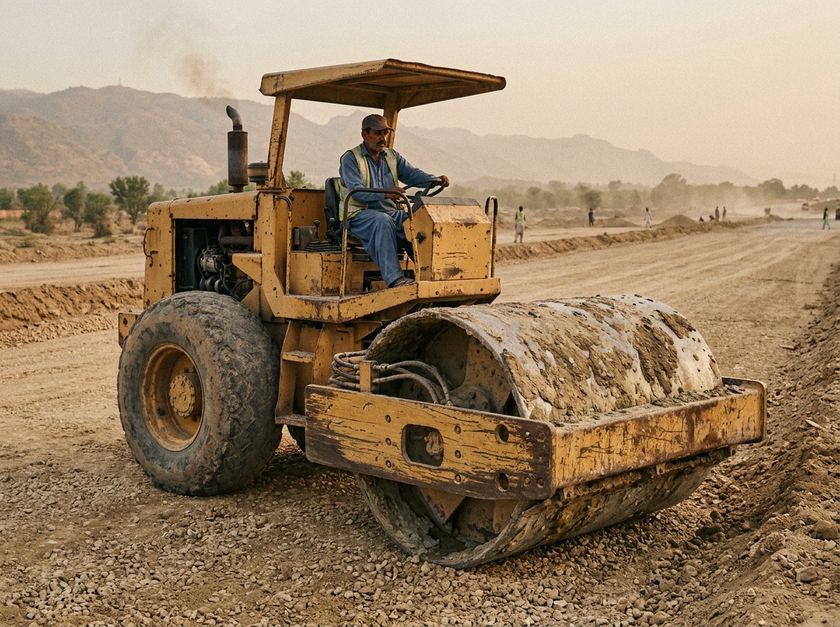 Smooth-drum roller compacting a gravel road base