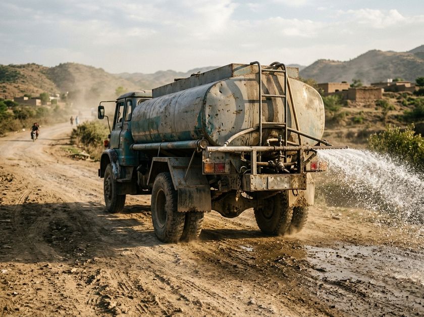 Water tanker spraying a dusty road