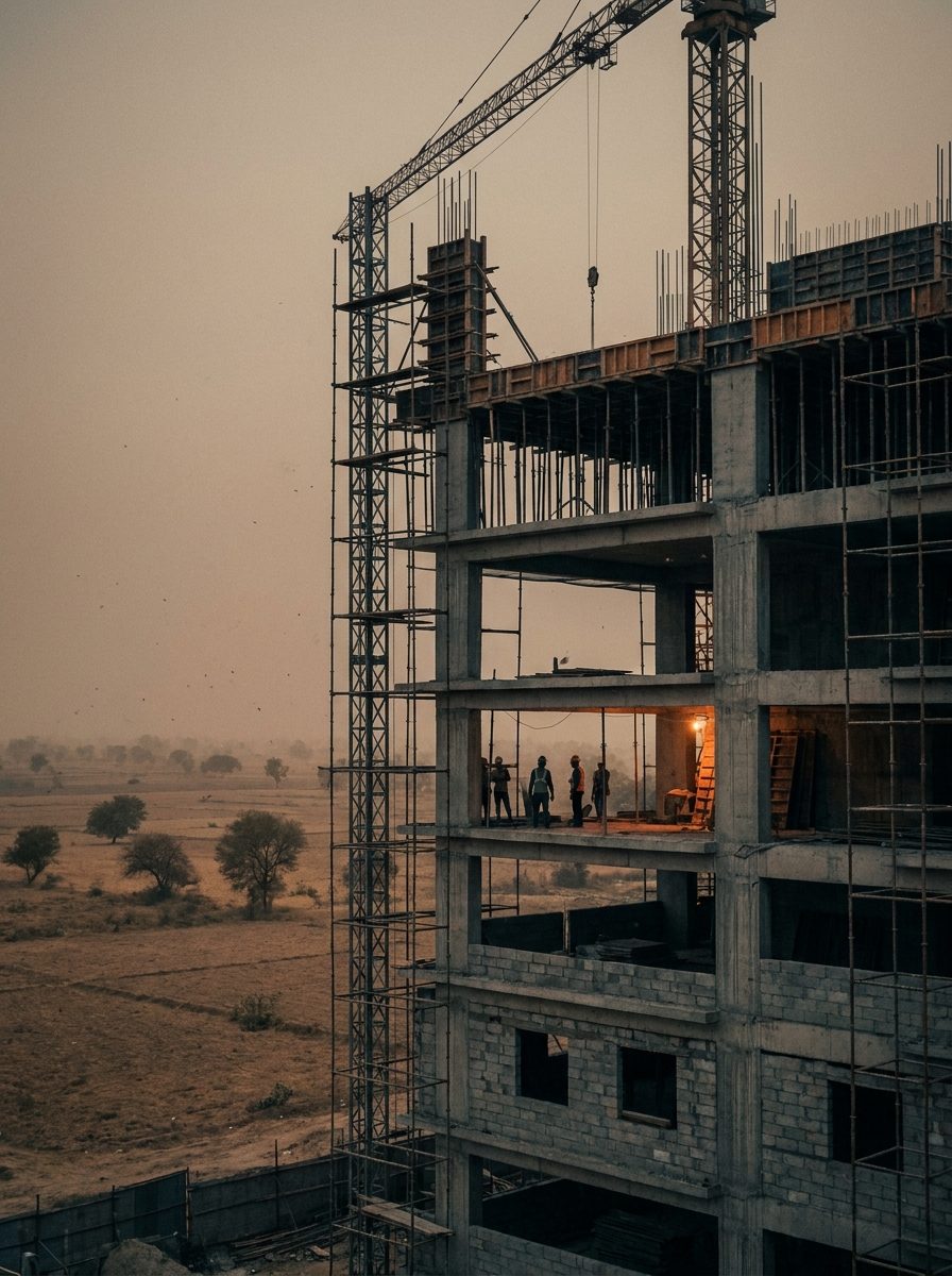 Reinforced concrete frame under construction at dusk, scaffolding and a tower crane above a dusty plain