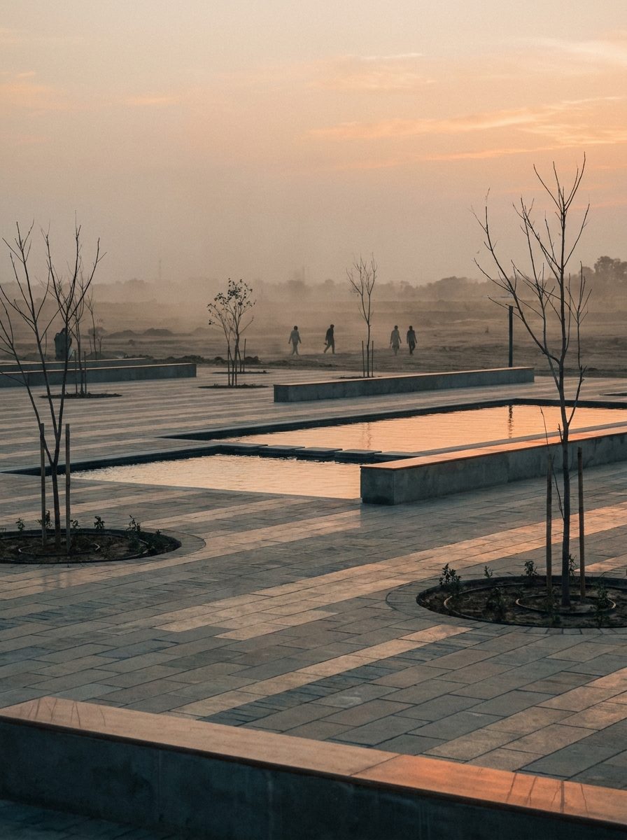 A completed public plaza at sunset, stone paving in bands with young trees and a water feature