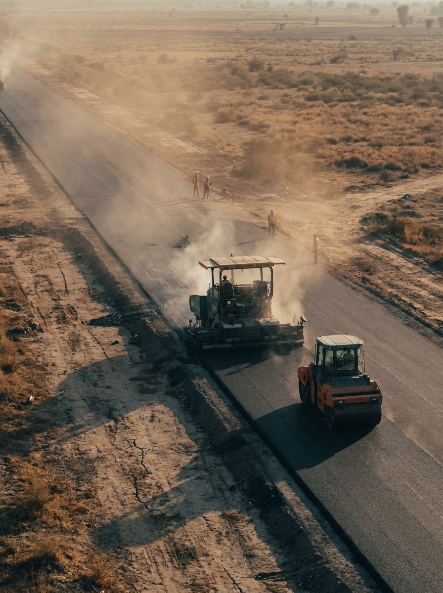 An asphalt paver laying hot-mix across a new carriageway with a tandem roller following