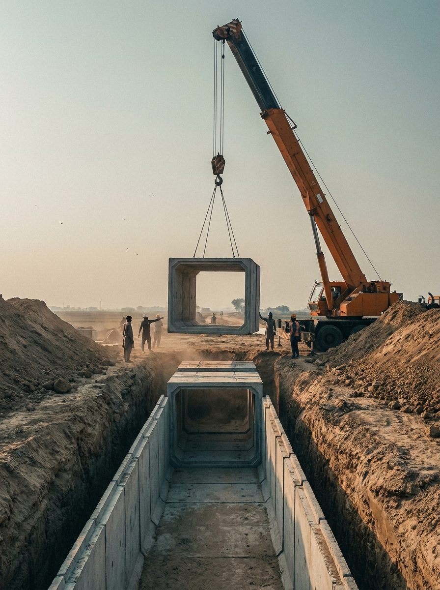 A crane setting a precast concrete box culvert section into a deep trench