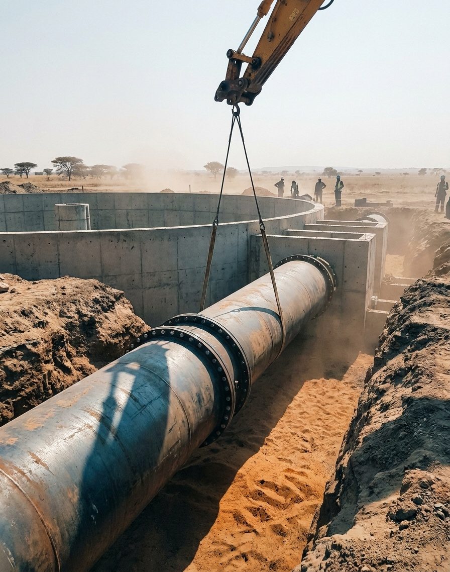 A large diameter steel water main being lowered into a trench beside a circular concrete reservoir